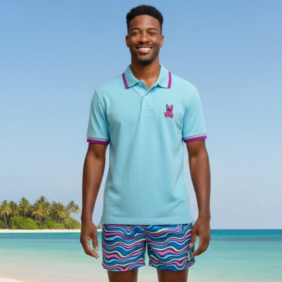 Psycho Bunny Hudson Men's Polo - Sky Blue with Purple & Hot Pink Trim - Picture 10 of 10